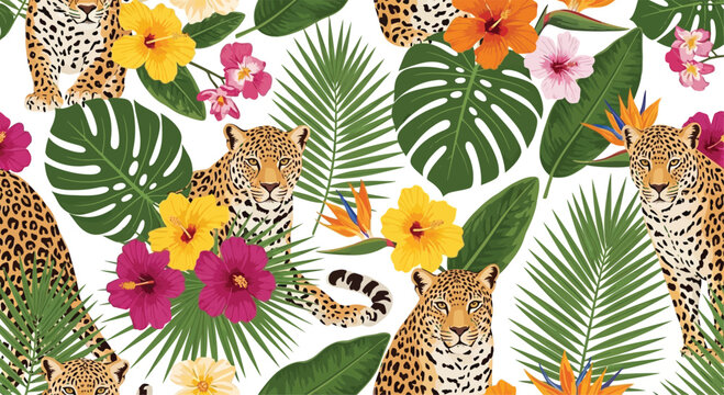 Tropical jungle pattern with leopards, colorful flowers, and palm leaves on white background