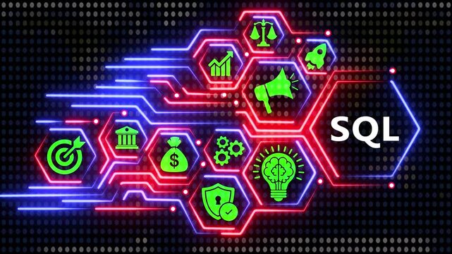SQL business icons within glowing hexagons on a circuit board background.
