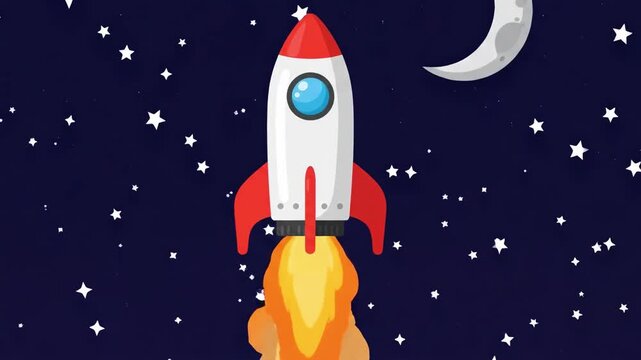 Cartoon rocket blasting off with orange flames and smoke