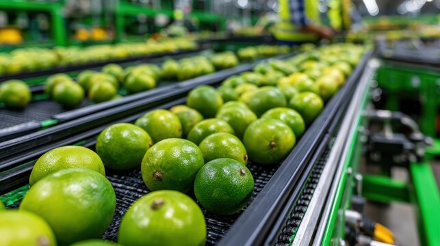 A large-scale packing house featuring conveyor belts sorting fresh fruits or vegetables in an industrial setting, highlighting automated food processing and packaging.