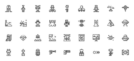 Alien & UFO icon set. Minimalist vector icons pack. Featuring aliens, UFOs, abduction, astronaut, planet, black hole, scientist, wormhole, blaster, monitor, distance and more. © wang
