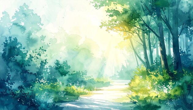 木漏れ日の森道と信頼感が広がる水彩背景２