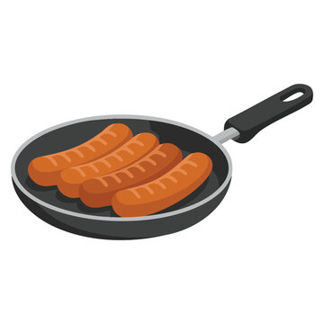 Meat delicacy sausages in frying pan isolated on white. Food illustration ideal for kitchen, cooking, and restaurant related visuals.