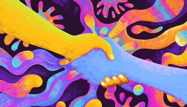 Two hands shaking in a colorful design