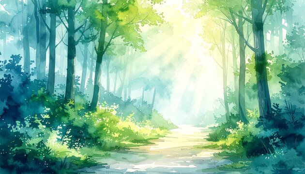 木漏れ日の森道と信頼感が広がる水彩背景