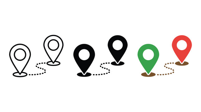 Location markers set shows dashed paths connecting geographic points using different color schemes and styles to signify travel routes, destination logistics,.