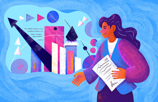 Businesswoman presenting data in colorful graphic design