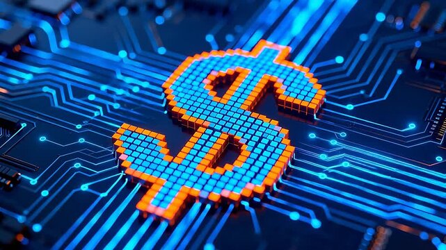 Digital dollar symbol on circuit board