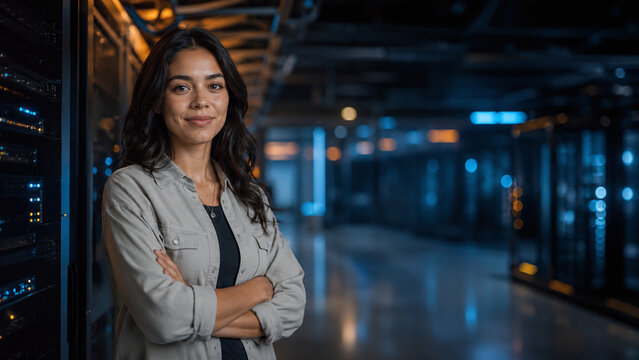 Confident Female Data Engineer Standing in Modern Data Center with Copy Space