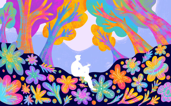 A white silhouette sits against the backdrop of a fantasy forest