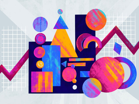 Colorful geometric shapes with lines and grids on a background