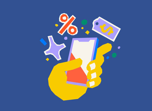 Hand holding smartphone with discount sale ecommerce concept