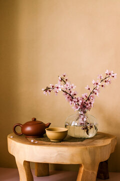 Still life with traditional Chinese tea cup and clay teapot.