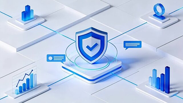 Blue shield with data charts on white grid