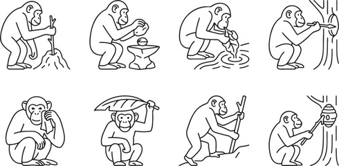 Chimpanzees and monkeys using tools icons © HM