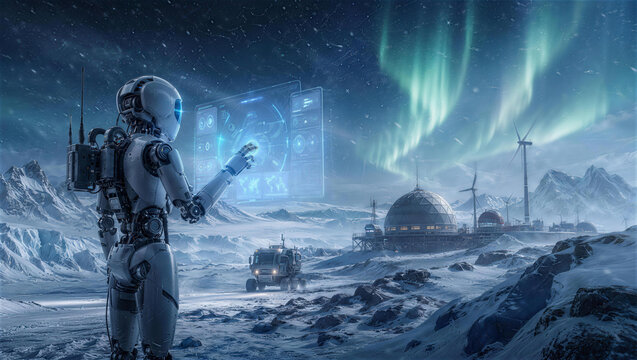 Alien World Discovery: A solitary robot explores a surreal alien landscape under the vibrant aurora borealis, interacting with a holographic interface near a futuristic settlement.