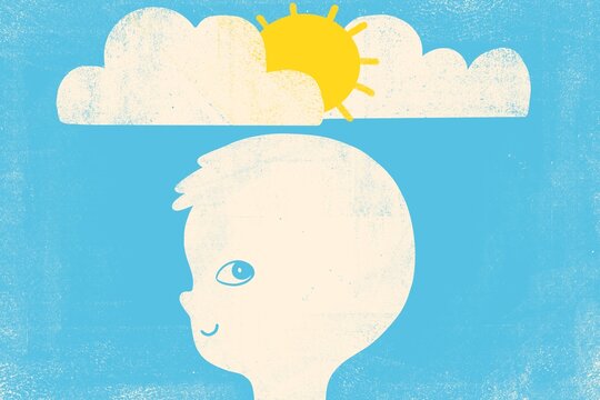 Child&rsquo;s head with a happy expression and sun woth clouds