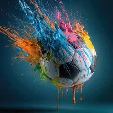 Colorful paint splash exploding from a soccer ball in midair dynamic sports photography