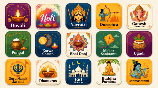 A vibrant collection of Indian festival icons, showcasing cultural celebrations with traditional symbols and motifs.