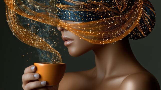 Elegant beautiful woman holding a steaming cup of coffee with rising steam visualized as glowing abstract bioluminescent golden waves and light particles.