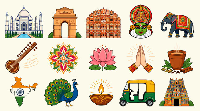 A vibrant collection of iconic Indian cultural symbols and landmarks, showcasing India's rich heritage and diversity.