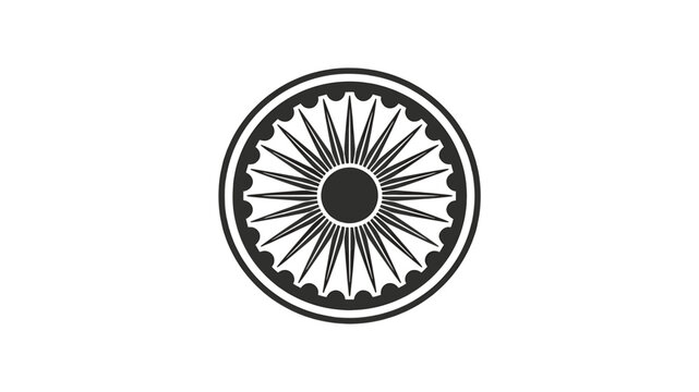 Black and white illustration of the Ashoka Chakra, a prominent ancient Indian symbol representing dharma and the wheel of law, often seen on the national flag of India.