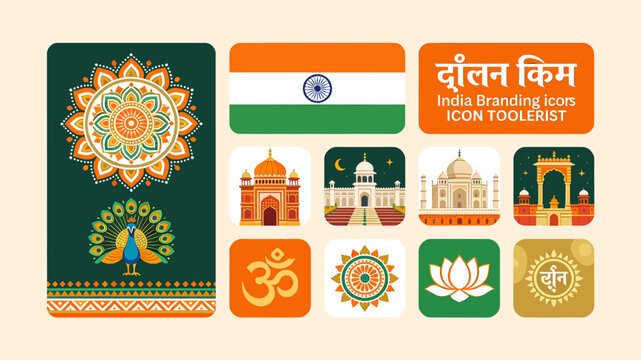 Collection of diverse Indian cultural and national symbols including the flag, Taj Mahal, peacock, mandala, and Om symbol, presented as branding icons.