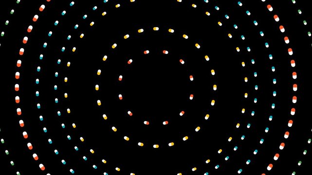 Medical healthcare background loop featuring colorful capsule pills spinning in concentric radar circles over a dark backdrop. Perfect for pharmacy and clinical presentation slides