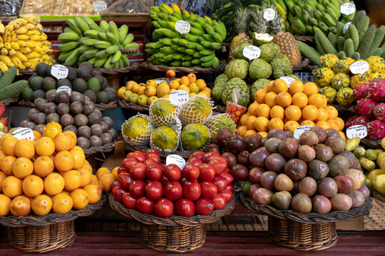 Fresh fruit display with bright colors at local market