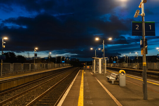 Early Morning at Empty Train Station in Dublin Under Dawn Sky
