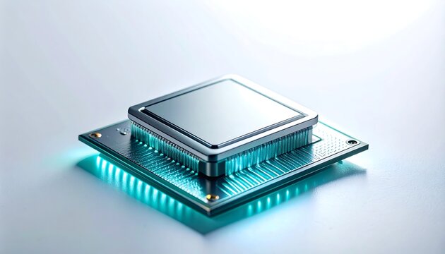 Modern computer CPU processor with blue neon light glow on white background, tech hardware concept