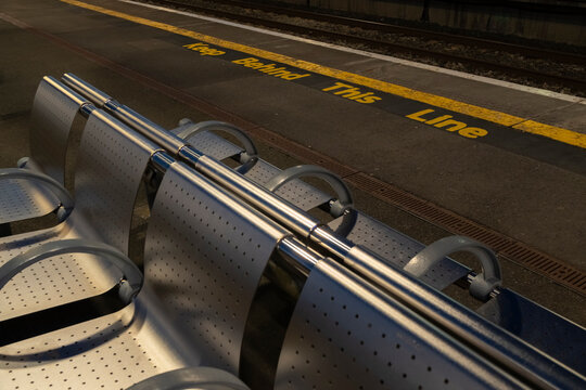 Metal bench in a empty train station Dublin