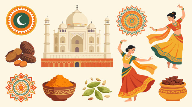 Vibrant illustration of Indian culture featuring the Taj Mahal, traditional dancers, spices, and decorative elements.
