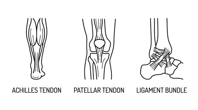 Medical illustration showing human anatomy of the achilles tendon patellar tendon and ankle ligament bundle.