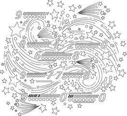 Fototapeta premium Black and white illustration of swirling numbers and stars for kids