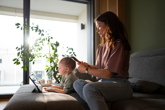 Mother and child spend time together at home