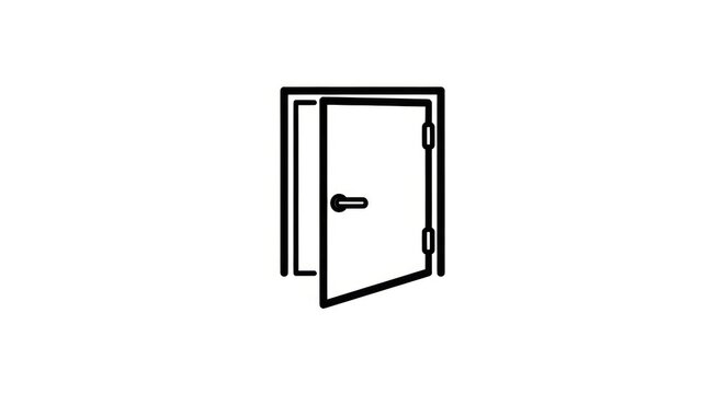 Minimalist black outline open door icon on white
