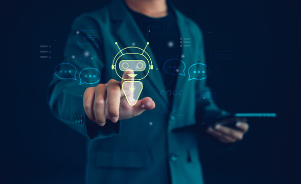 Business professional using AI chatbot interface with virtual assistant robot, online communication and smart customer support technology, representing automation, digital interaction.