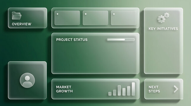 Glassmorphism business presentation dashboard slide with project status template