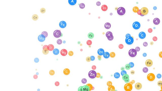 Abstract healthcare background loop featuring colorful multivitamin and mineral bubble icons floating gently on a clean white backdrop. Ideal for nutrition and pharmacy slides