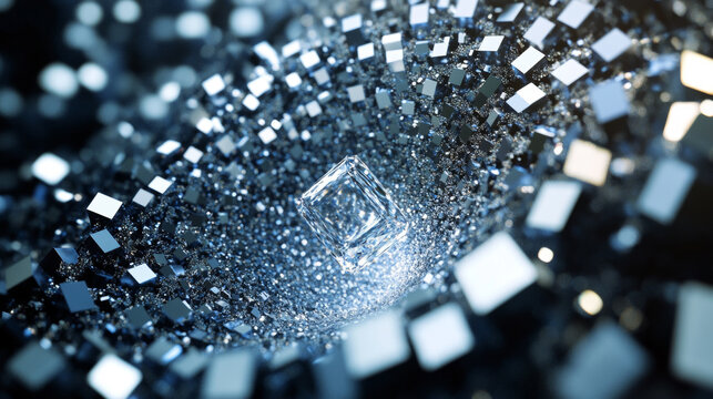Magical glowing crystal cubes floating among bright blue technology data particles