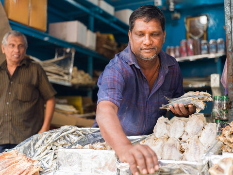 Fish Vendor Sells Dried Fish in Market in Sri Lanka