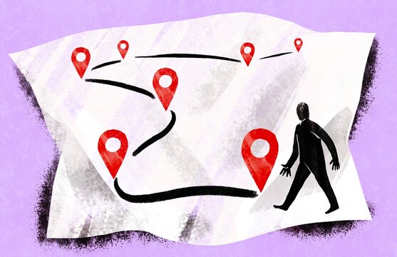 Person stay on Route Map with Location Pins &ndash; Journey and Goal Concept