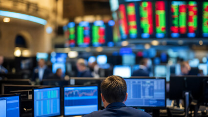 Obraz premium A focused trader analyzes multiple screens filled with stock market data and trends in a bustling trading environment.