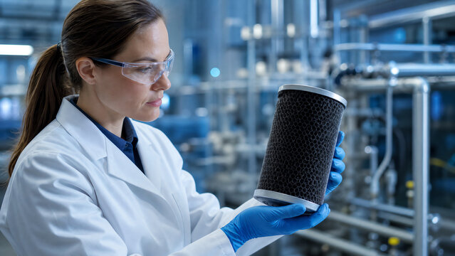 A female scientist in a lab examines a high-tech filter cartridge, showcasing innovation in the field of research and technology.