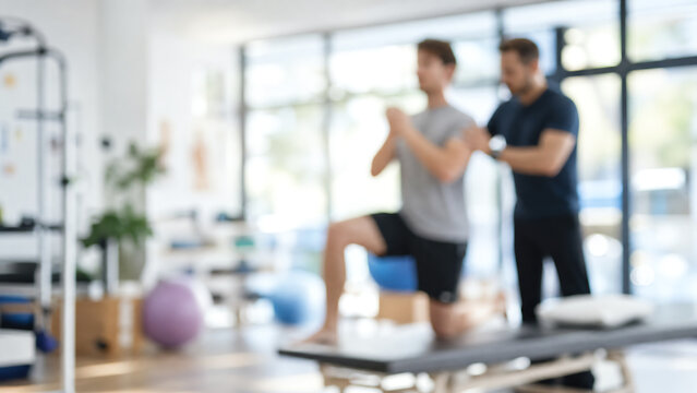 A fitness trainer assists a man during an exercise session, promoting health and well-being in a modern gym environment.