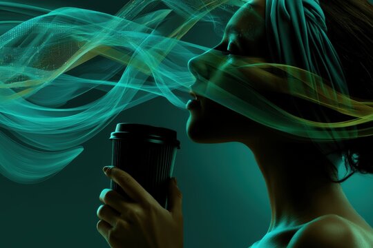 Beautiful confident woman holding takeaway coffee cup with silhouette interwoven with subtle glowing waves of abstract data streams and binary light patterns.