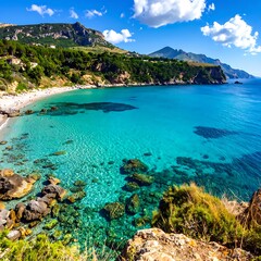 Obraz premium Serene turquoise sea landscape with mountains.