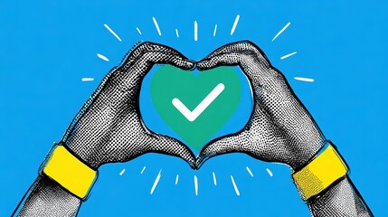 Obraz premium Vibrant halftone graphic of black-white dotted hands with yellow wrist cuffs creating central heart frame, solid teal green field with inner white checkmark and outward radiant white