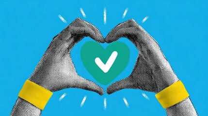 Fototapeta premium Vibrant halftone graphic of black-white dotted hands with yellow wrist cuffs creating central heart frame, solid teal green field with inner white checkmark and outward radiant white